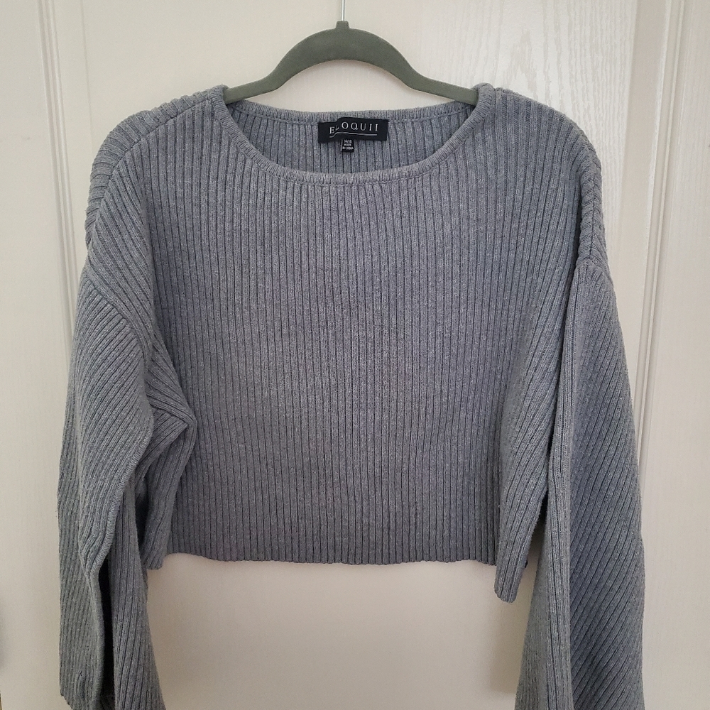 Eloqui Womens Plus Sized 14W/16W Heather Grey Knit Sllit Sleeve Top
